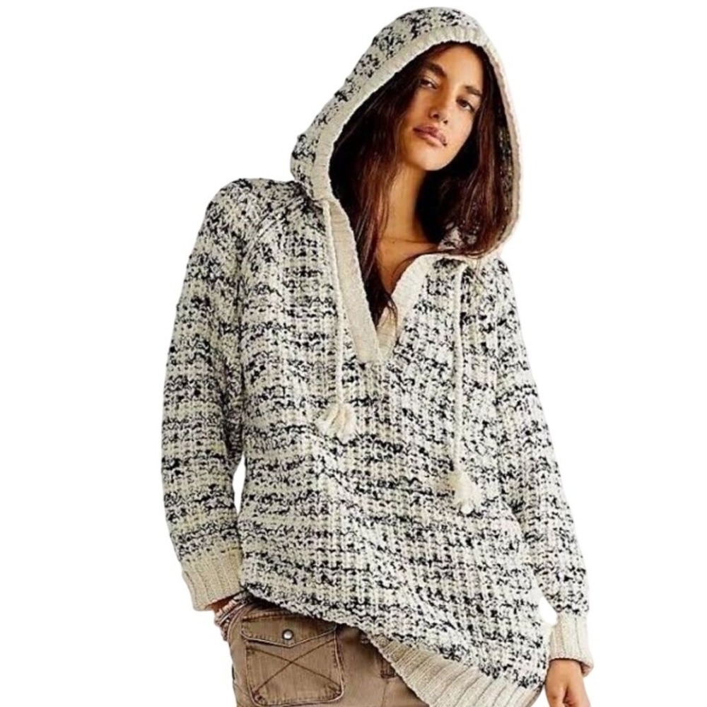 NWT Free People Never Leaving‎ Sweater Hoodie Black White Chunky Knit Small